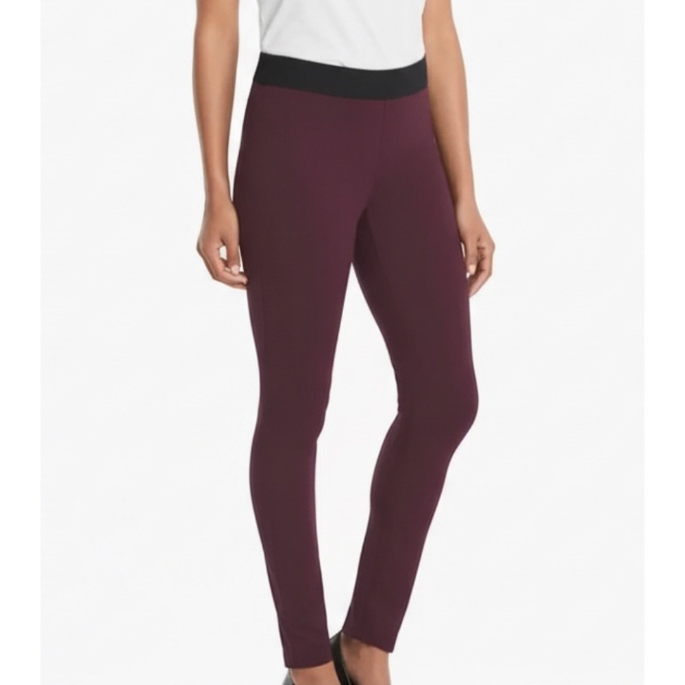 WHITE HOUSE BLACK MARKET Burgundy w/Black Waist PONTE KNIT LEGGINGS Side Zip 8